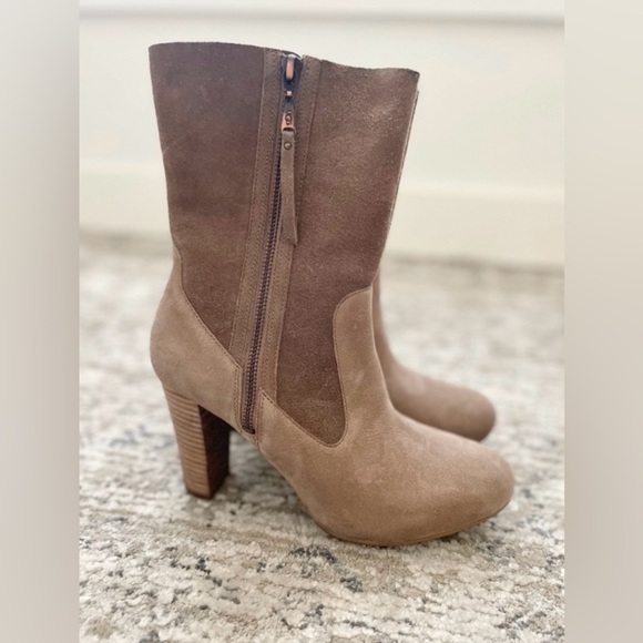 UGG Athena High Heeled Boots Size 9 Brown Beige Leather Suede - Picture 2 of 10